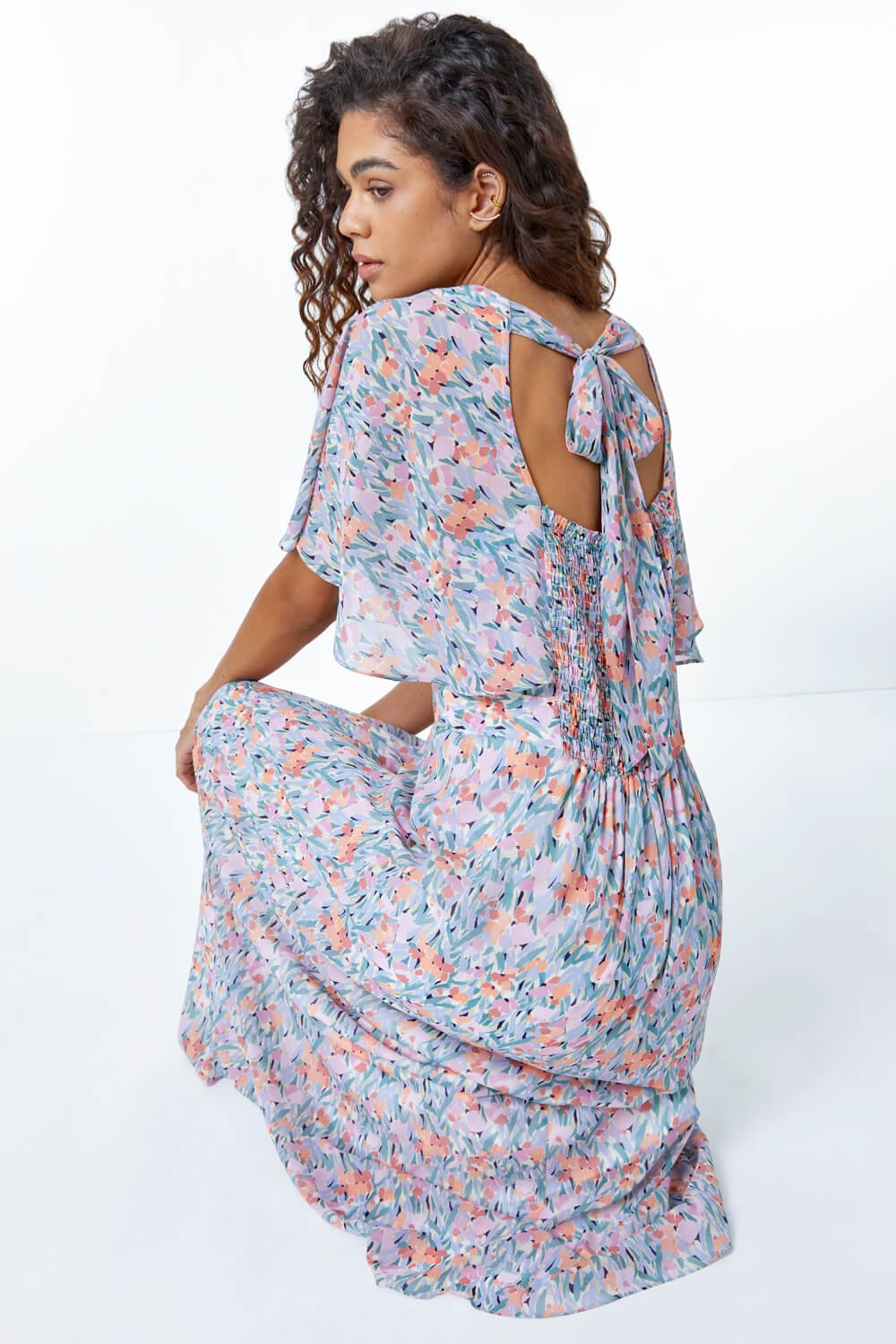 Lilac Floral Print Angel Sleeve Maxi Dress, Image 1 of 5