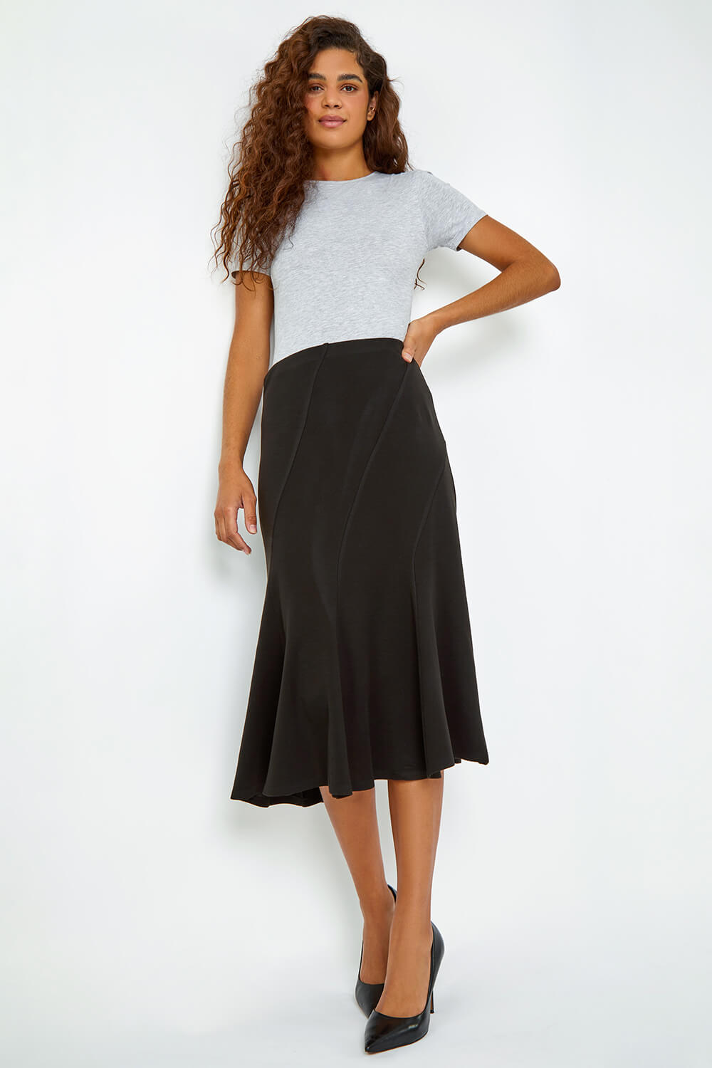 Panelled Flared Midi Stretch Skirt