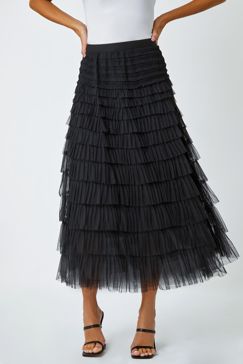 Black Elasticated Mesh Tiered Ruffle Skirt | Roman UK