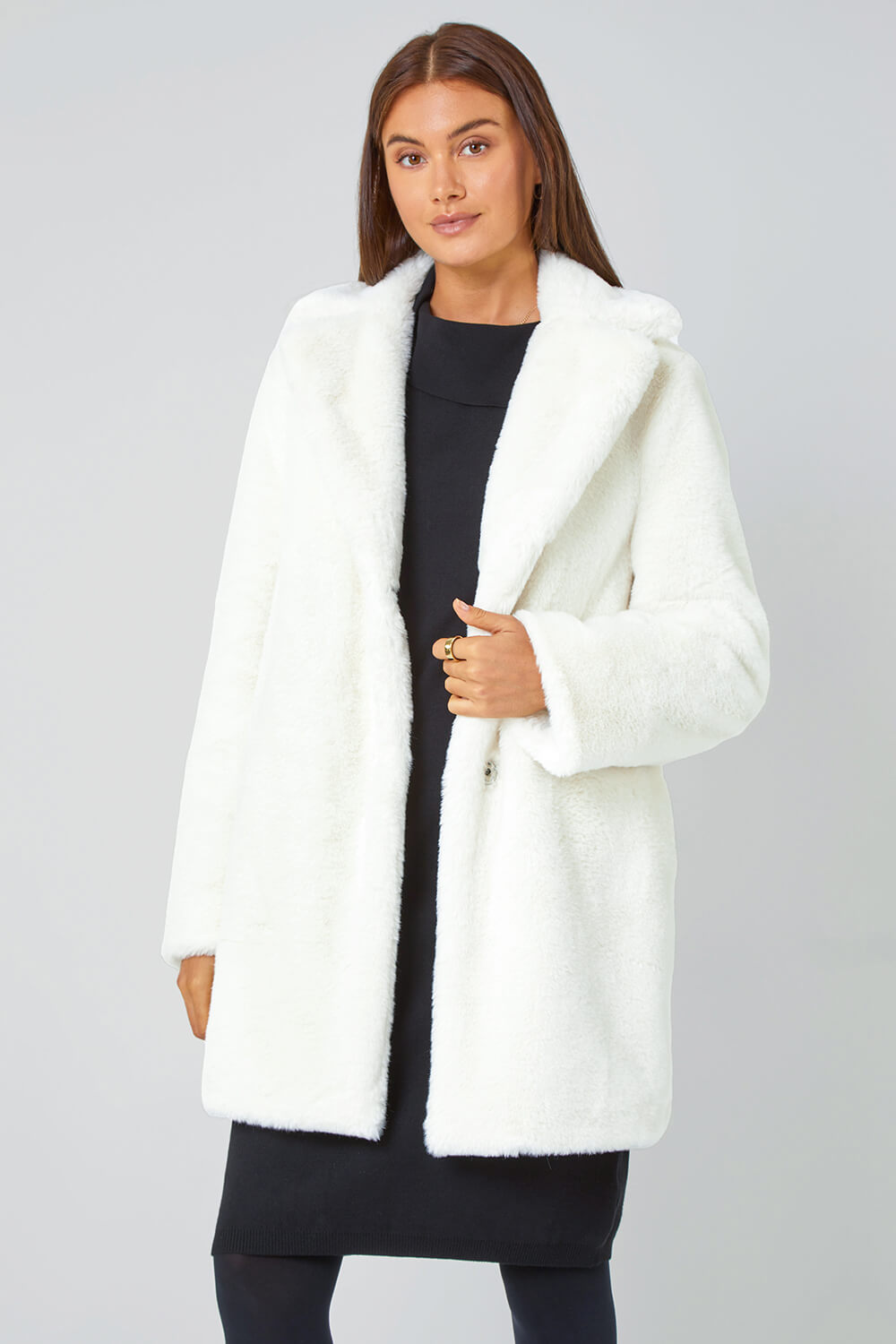 Ivory  Faux Fur Longline Coat, Image 4 of 7