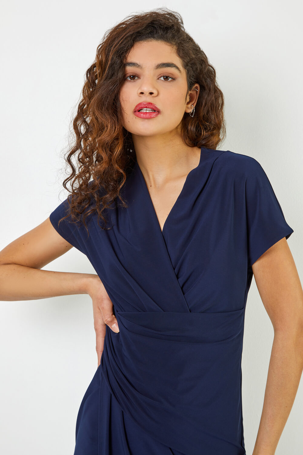 Navy  Ruched Front Midi Wrap Dress, Image 4 of 4