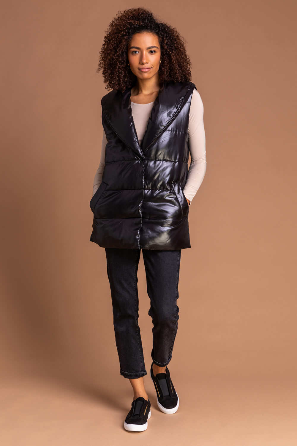 Black Quilted Collared Gilet, Image 2 of 5