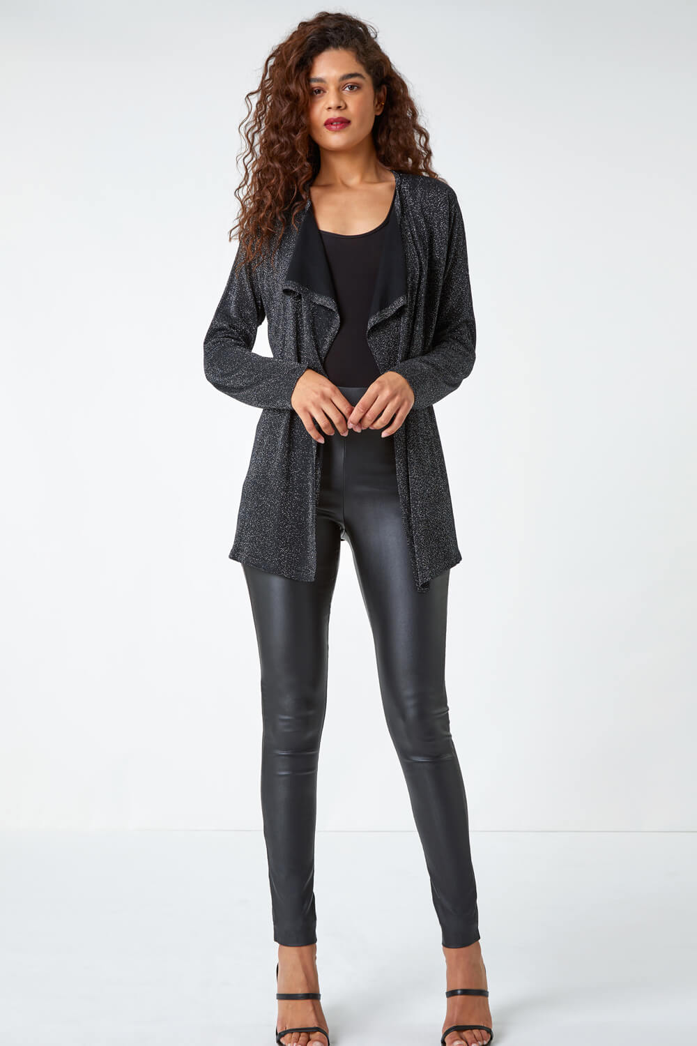 Black Shimmer Waterfall Stretch Cardigan, Image 4 of 5