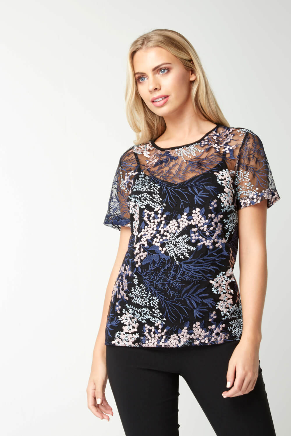 Black Mesh Floral Embroidered Tee, Image 2 of 5
