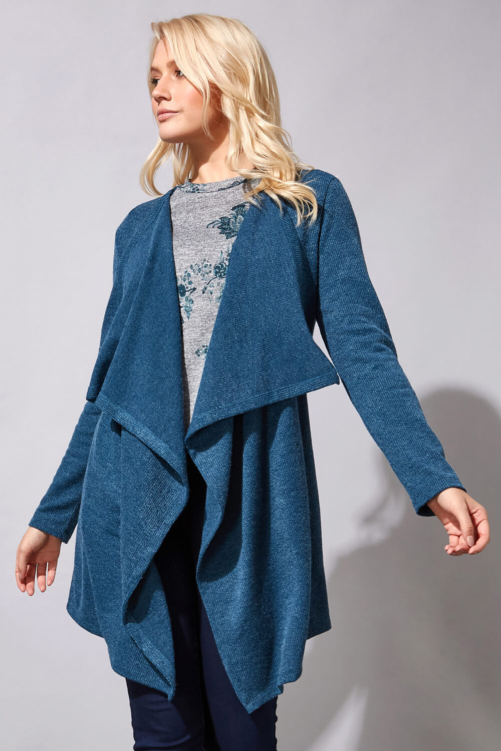 Wooly Touch Waterfall Cardigan in Blue - Roman Originals UK