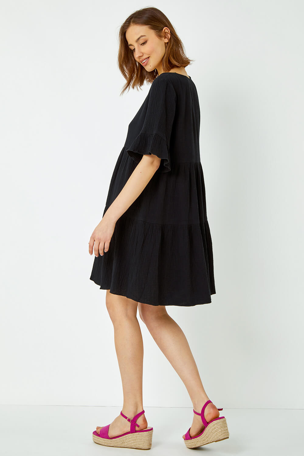 Black Textured Tiered Cotton Smock Dress, Image 3 of 5