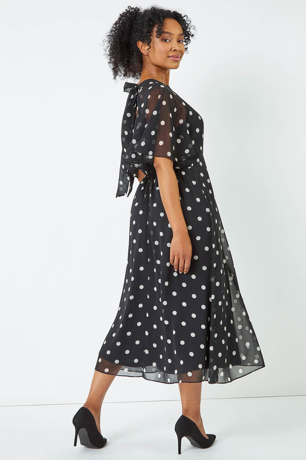 Black Petite Polka Dot Chiffon Midi Dress, Image 3 of 5