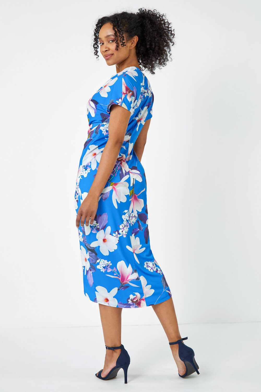 Blue Petite Ruched Floral Wrap Dress, Image 3 of 5