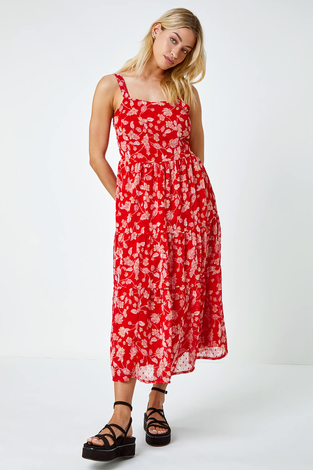 Red Floral Print Tiered Maxi Dress, Image 4 of 5