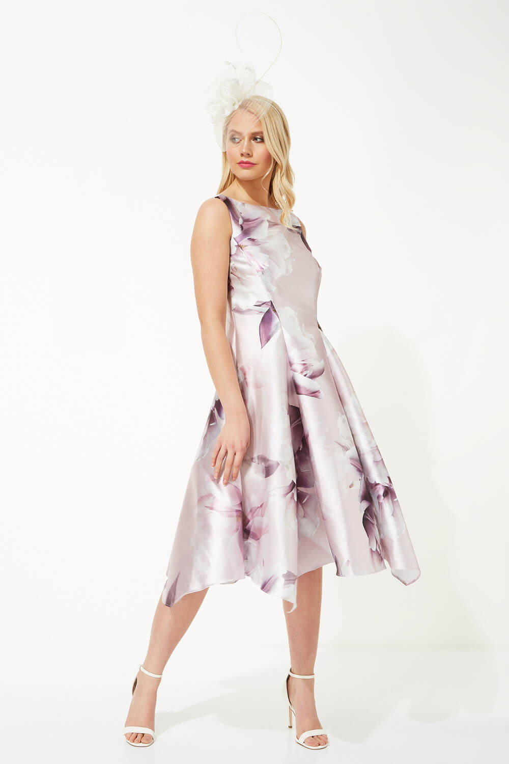 Light Pink Floral Print Fit and Flare Midi Dress, Image 4 of 5