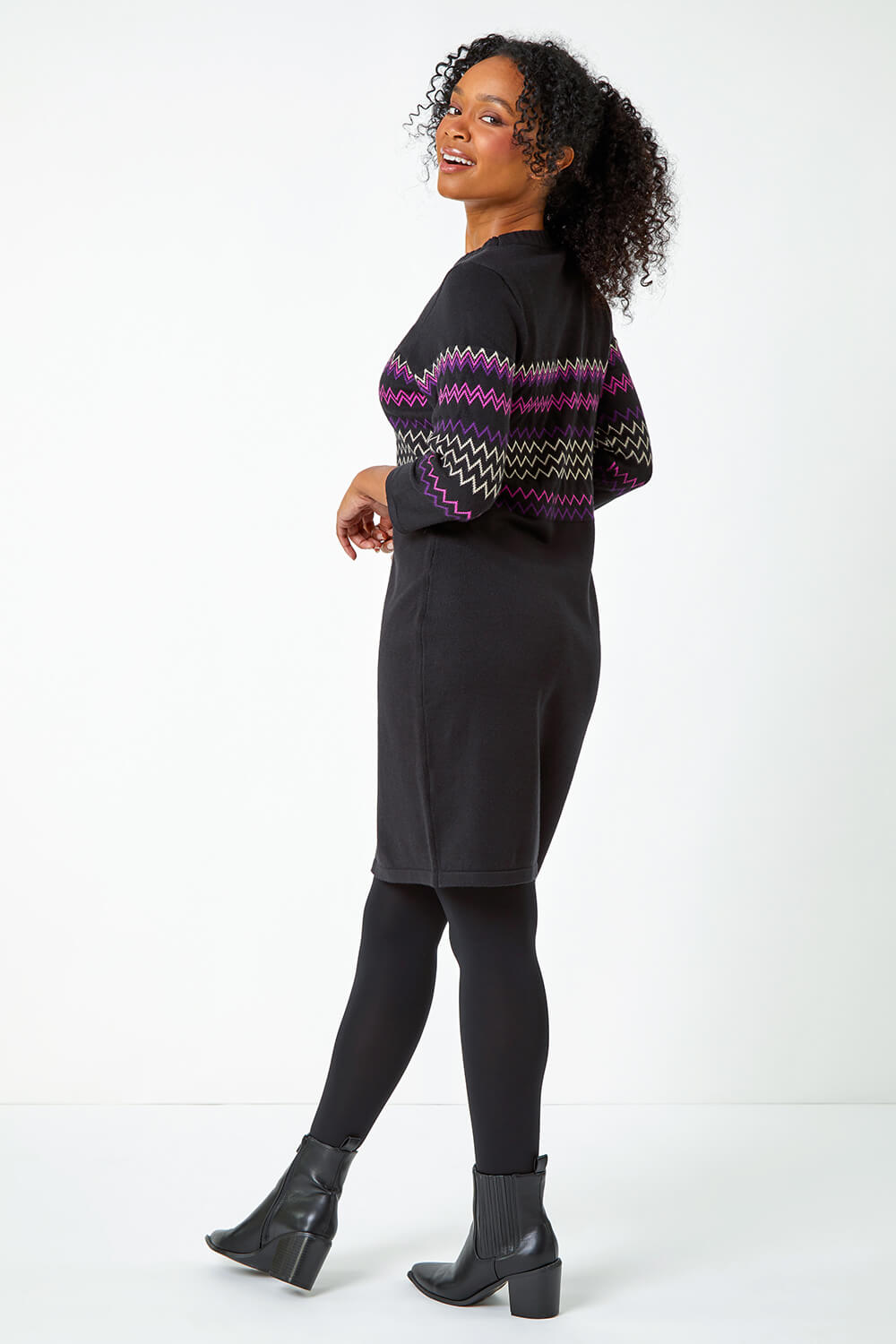 Black Petite Zig Zag Knitted Stretch Dress, Image 3 of 5