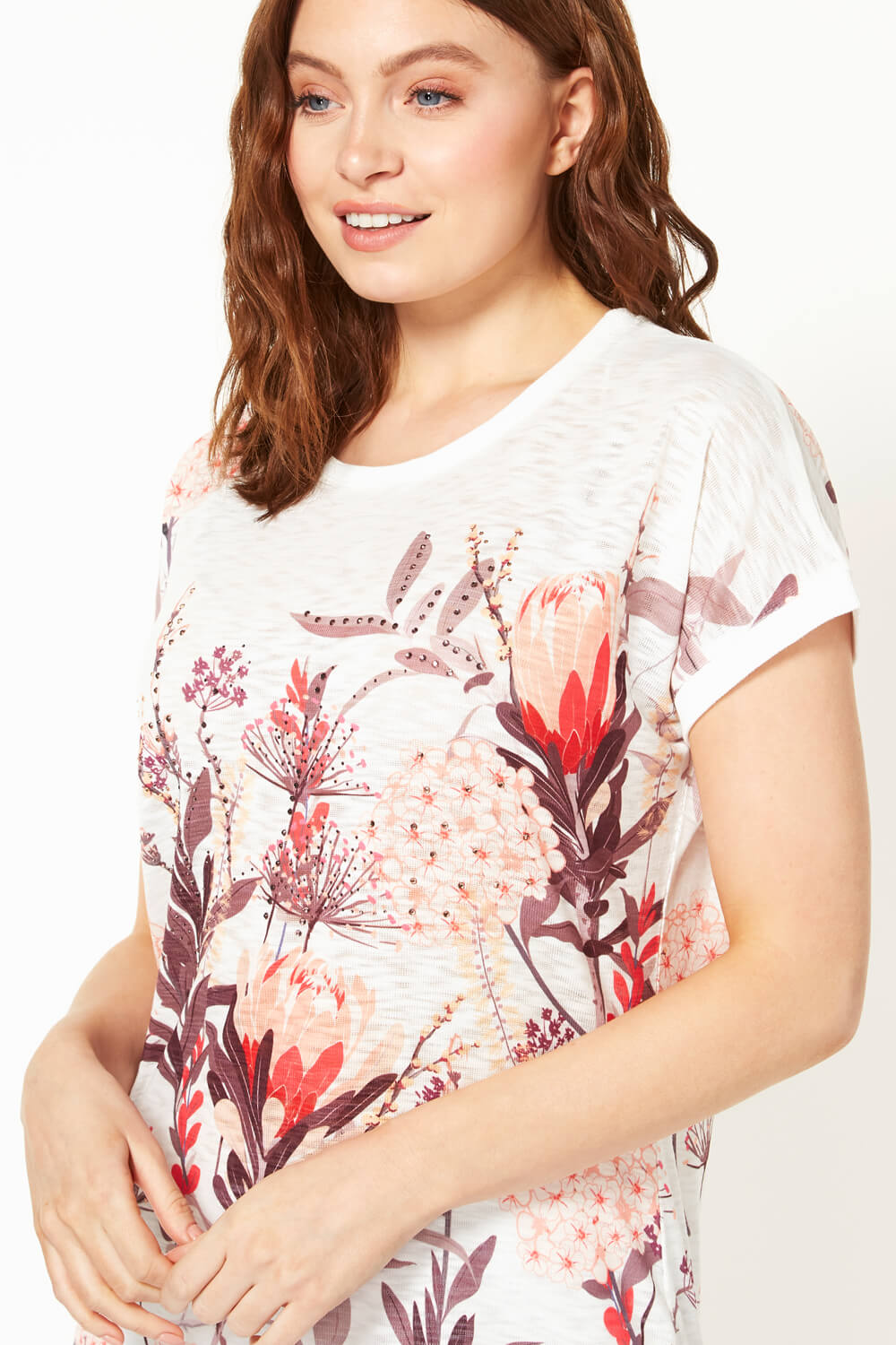 Natural  Embellished Floral Print T-Shirt, Image 4 of 5