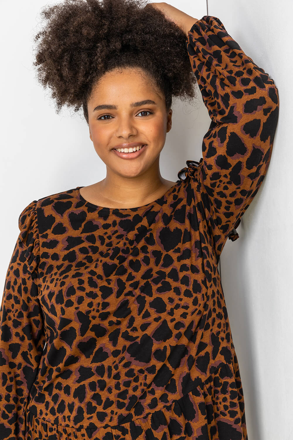 Coffee Curve Animal Print Frill Detail Tunic, Image 4 of 5