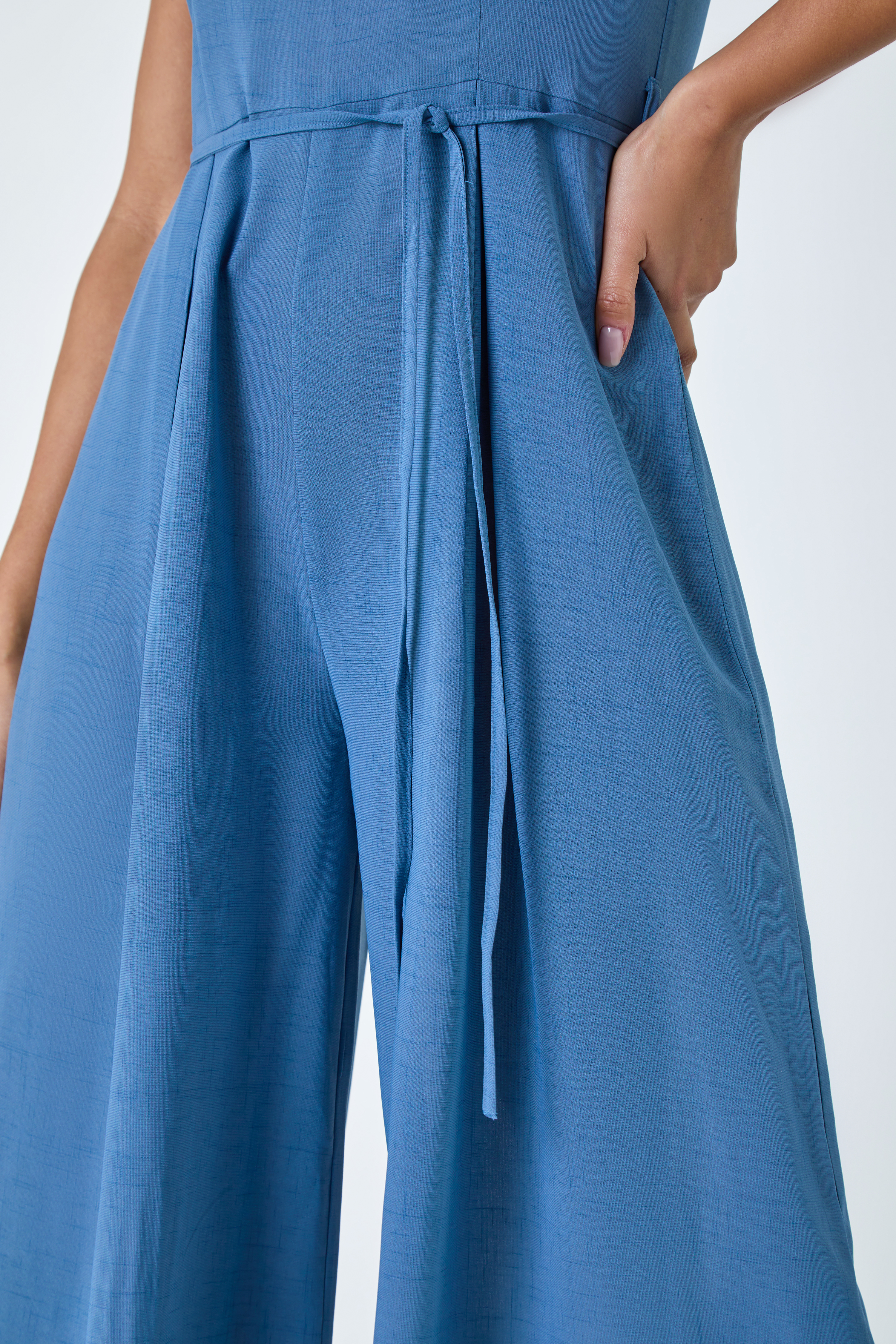 Blue Sleeveless Wide Leg Culotte Jumpsuit, Image 5 of 5