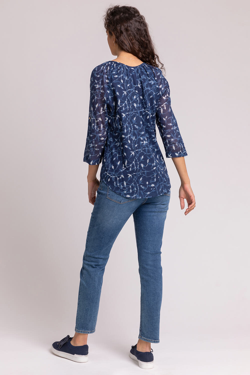 Navy  Abstract Leaf Print Button Top, Image 2 of 4