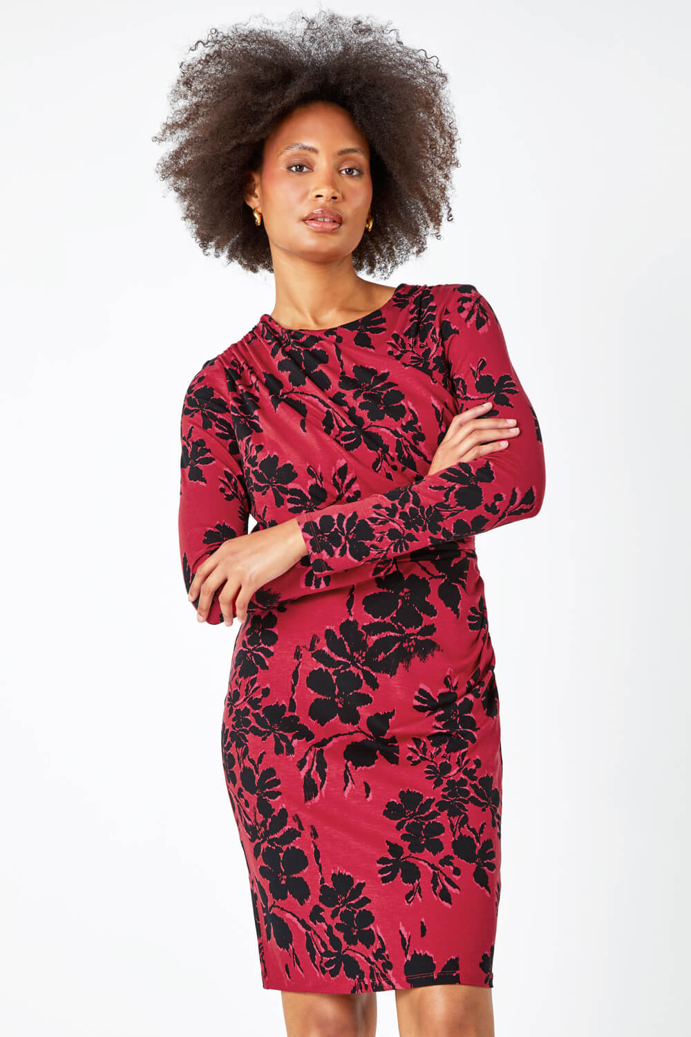 Red Floral Ruched Waist Stretch Dress, Image 4 of 5