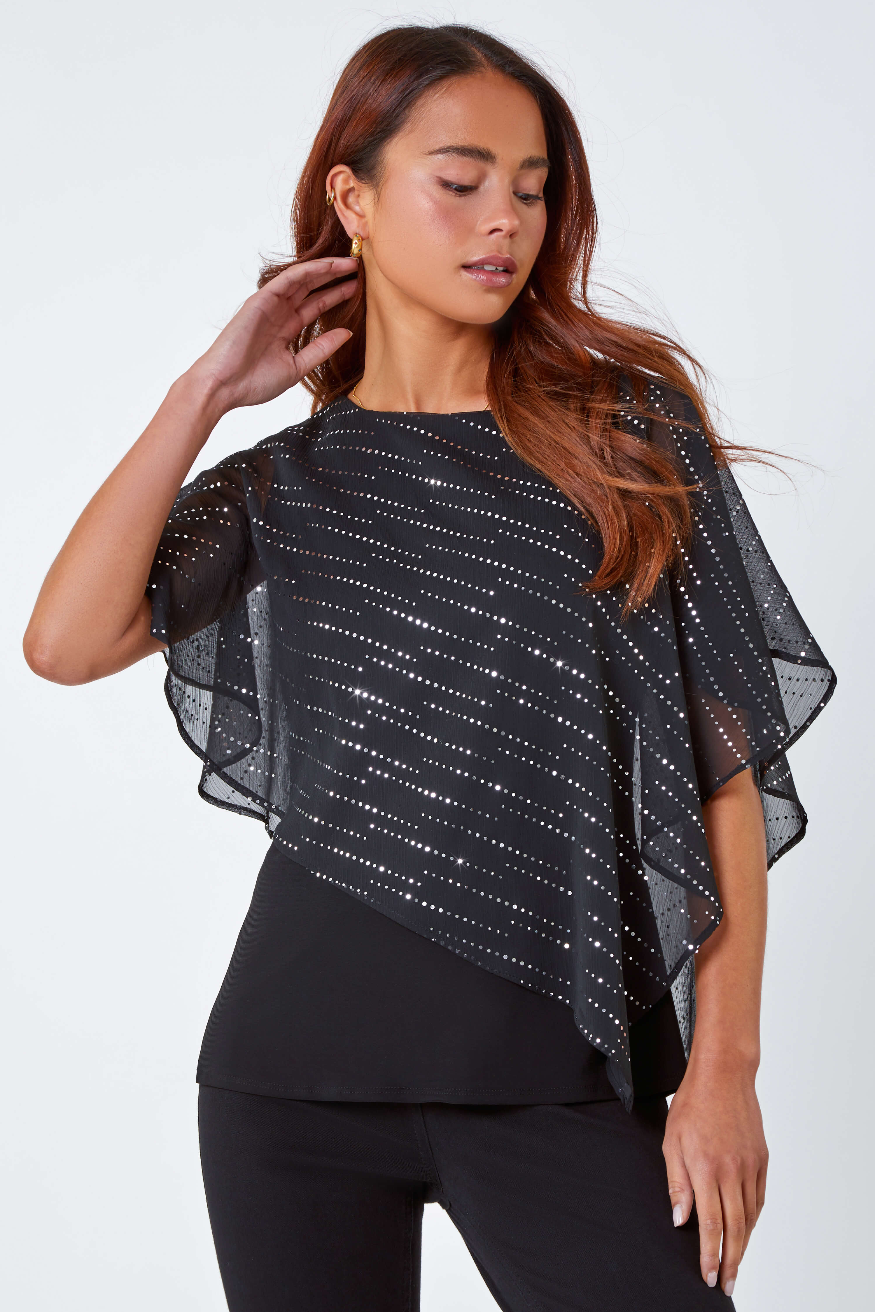 Multi  Petite Shimmer Chiffon Overlay Stretch Top, Image 2 of 5