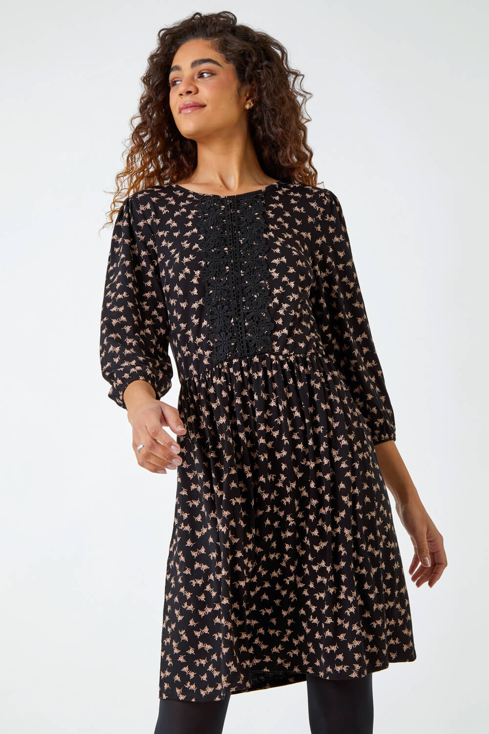 Black Lace Detail Ditsy Print Dress, Image 2 of 5