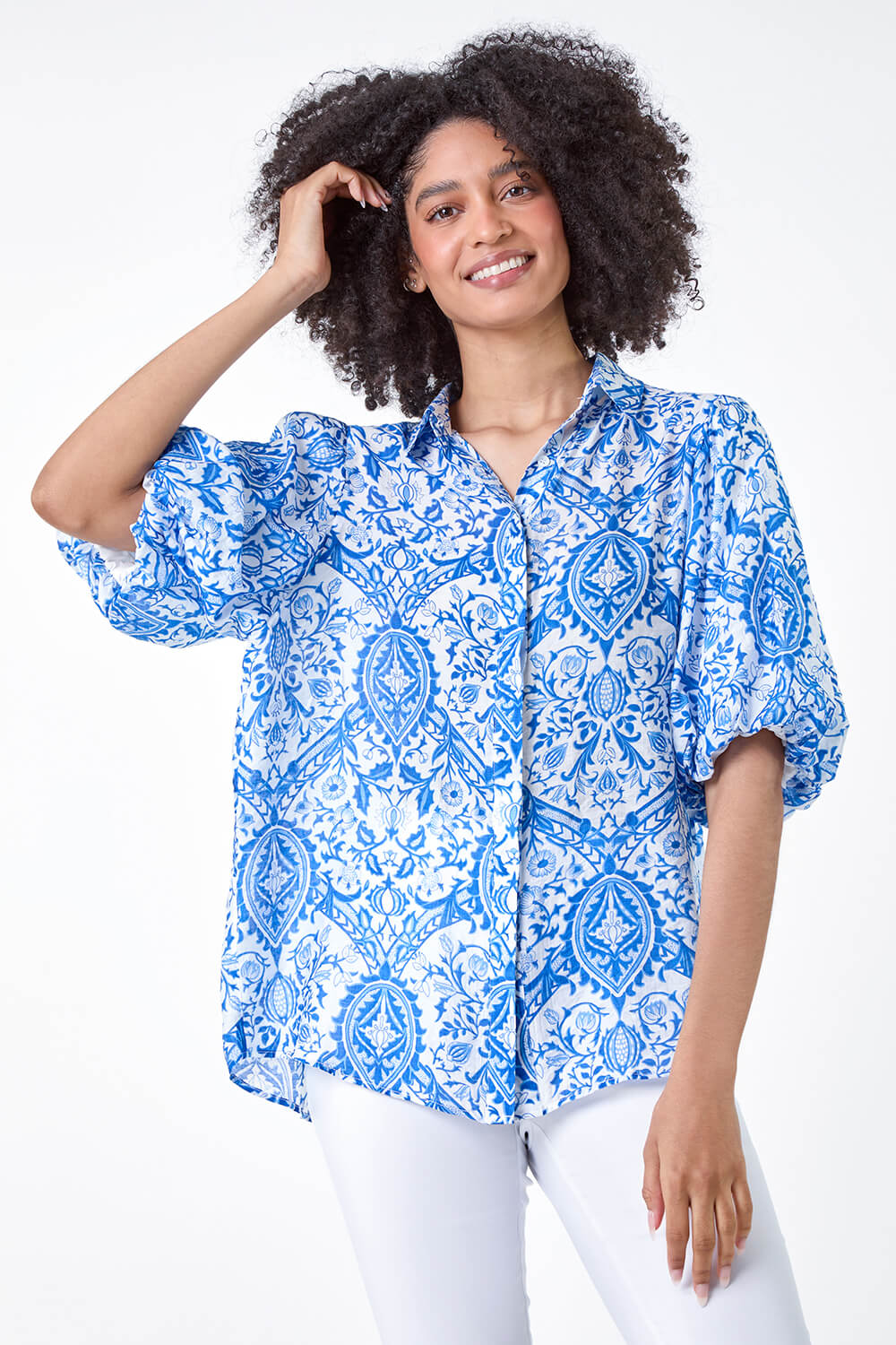 Blue Floral Print Puff Sleeve Shirt, Image 2 of 5