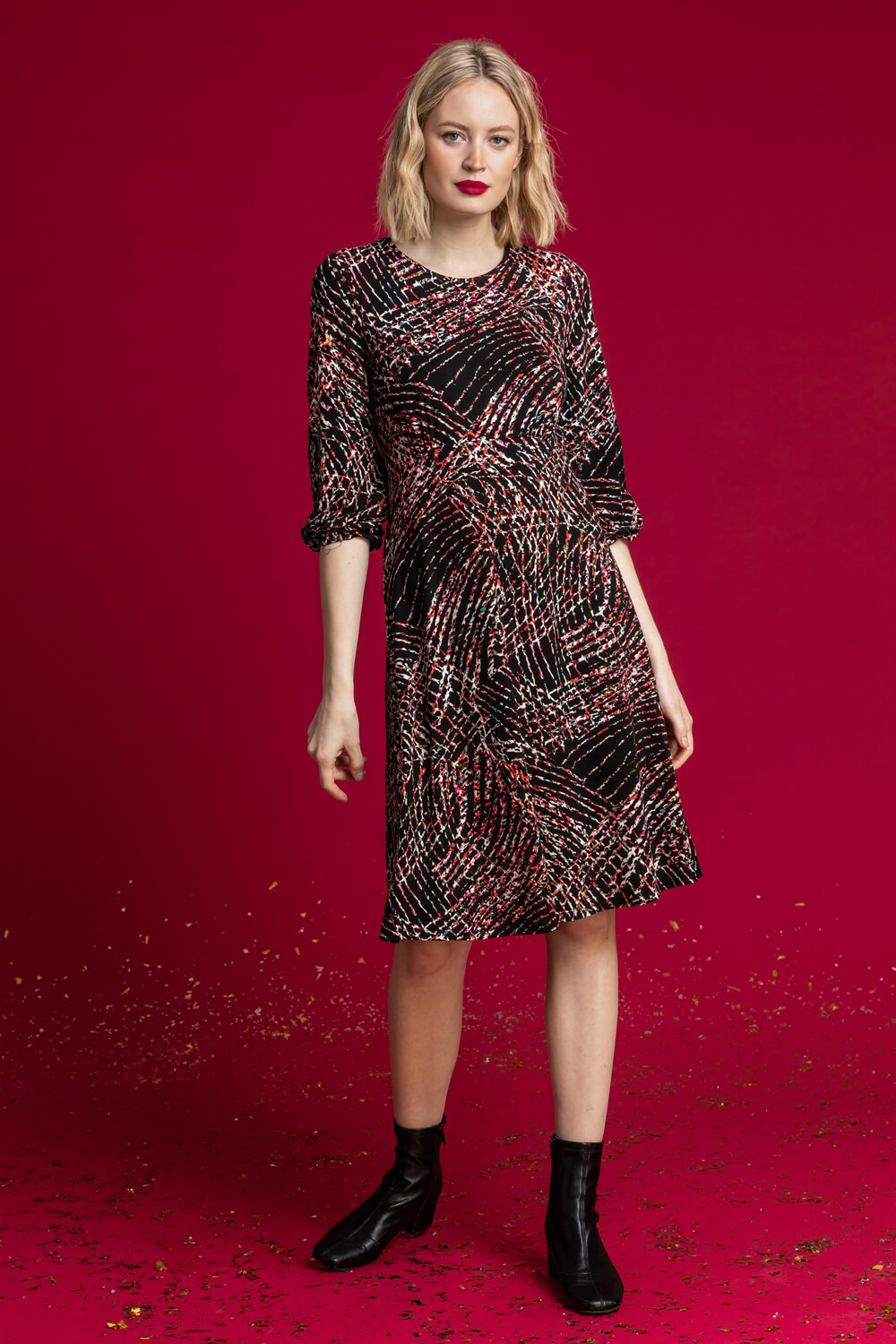 Black Abstract Textured Print Tea Dress, Image 3 of 5