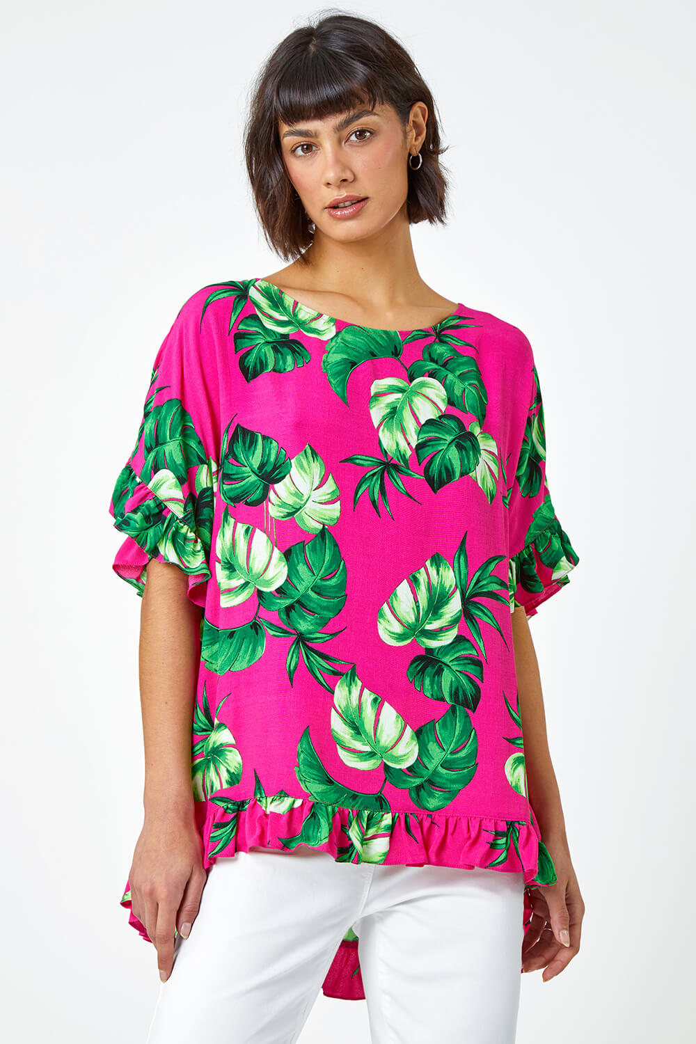 PINK Palm Print Frill Detail Oversized Top, Image 2 of 5