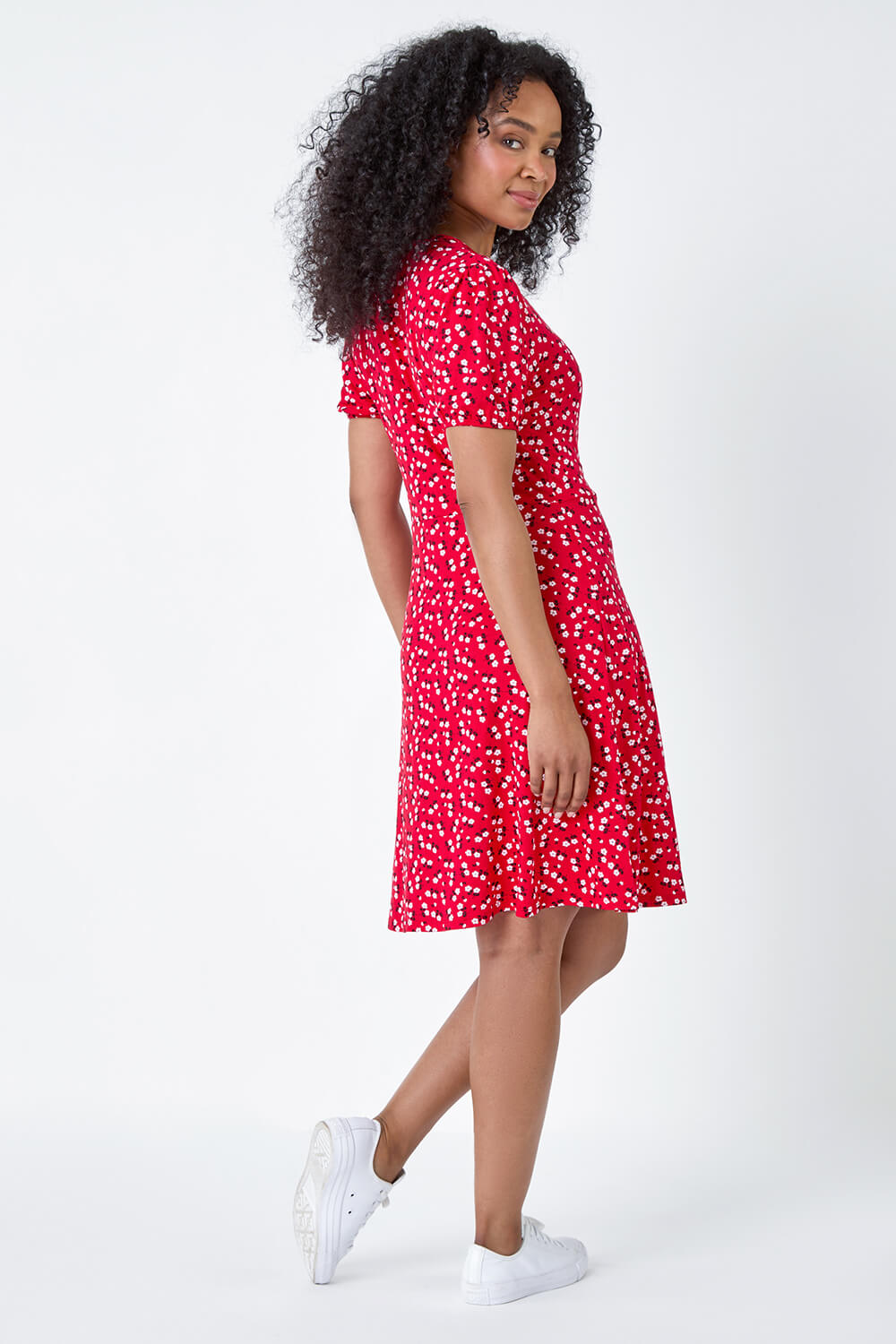 Red Petite Ditsy Wrap Stretch Dress, Image 3 of 5
