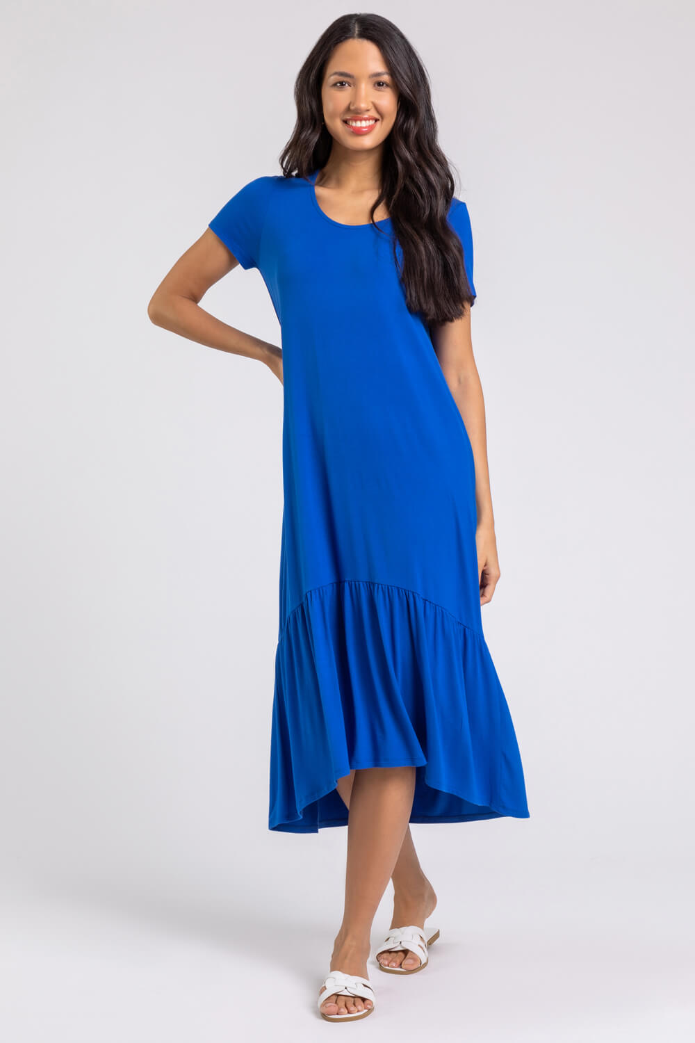 Royal Blue Tiered Hem Jersey Midi Dress, Image 4 of 4