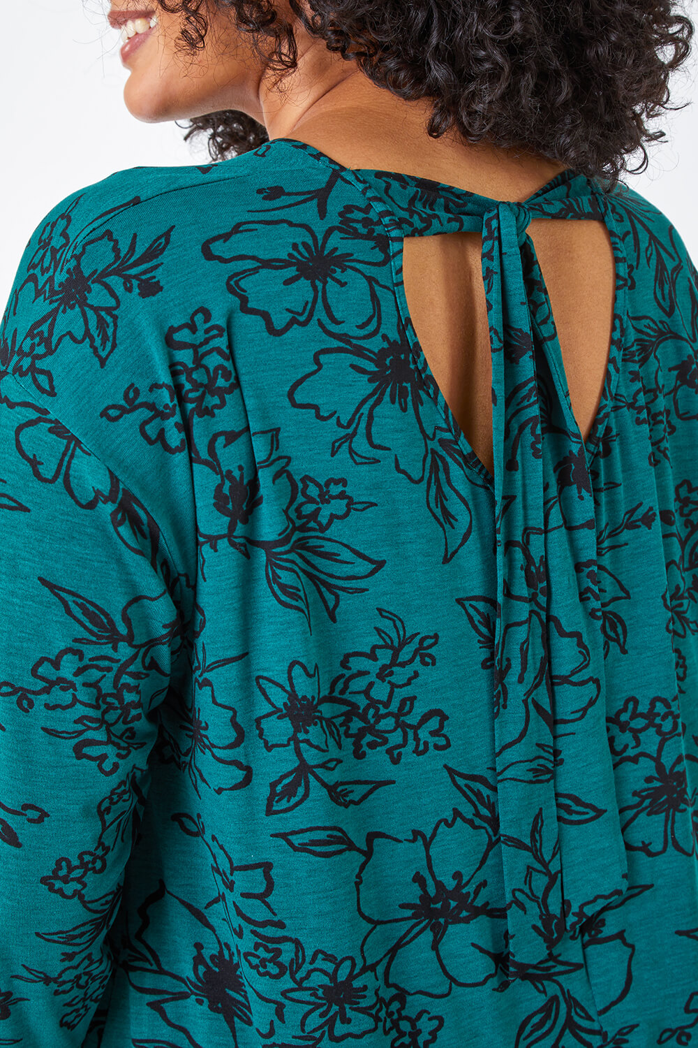Green Curve Tie Back Floral Tunic Stretch Top, Image 5 of 5