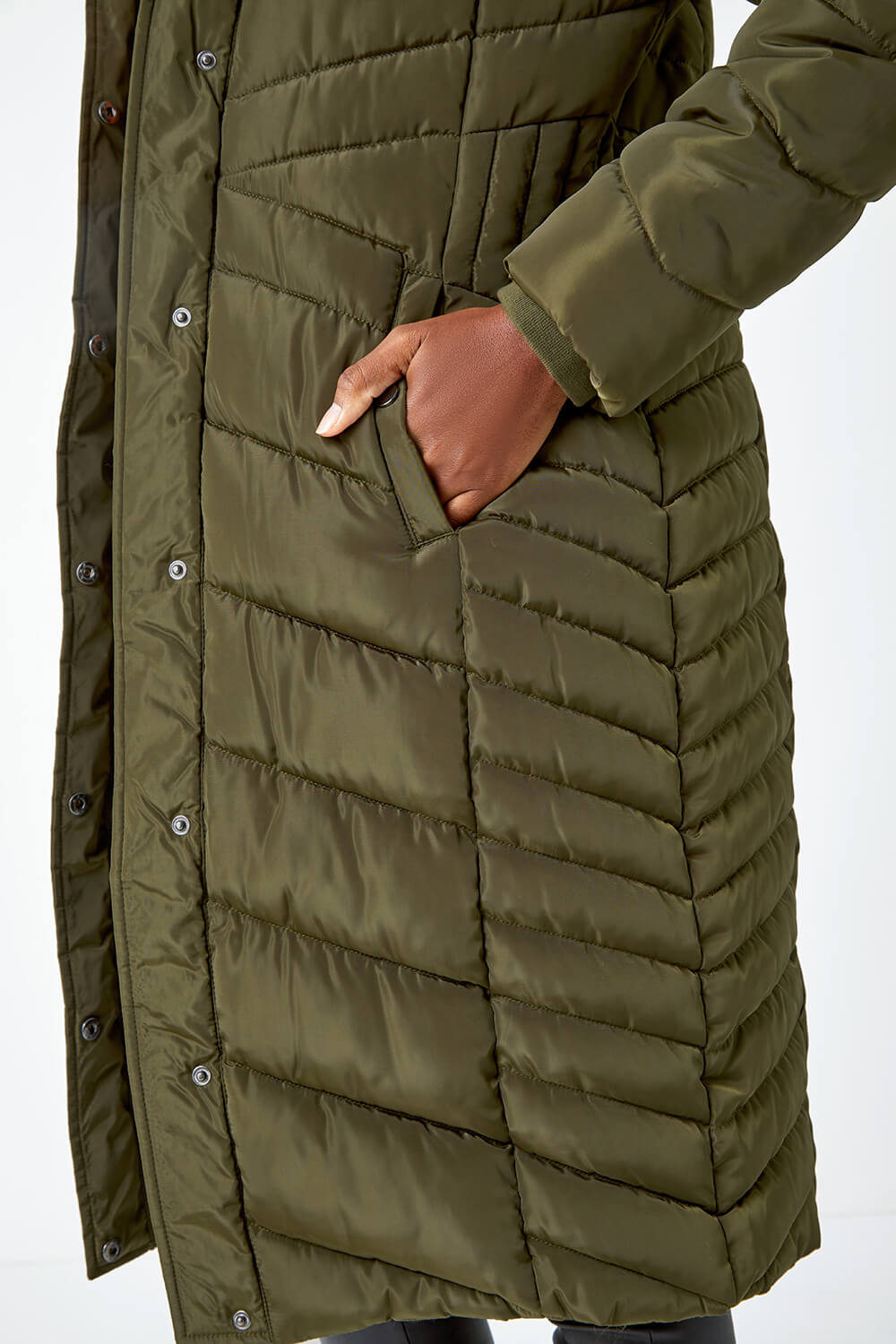 KHAKI Hooded Quilted Longline Coat, Image 5 of 5