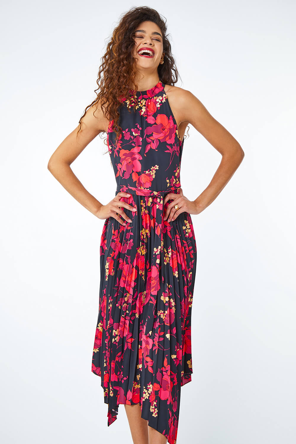 Red Floral Pleated Halter Neck Midi Dress , Image 4 of 5