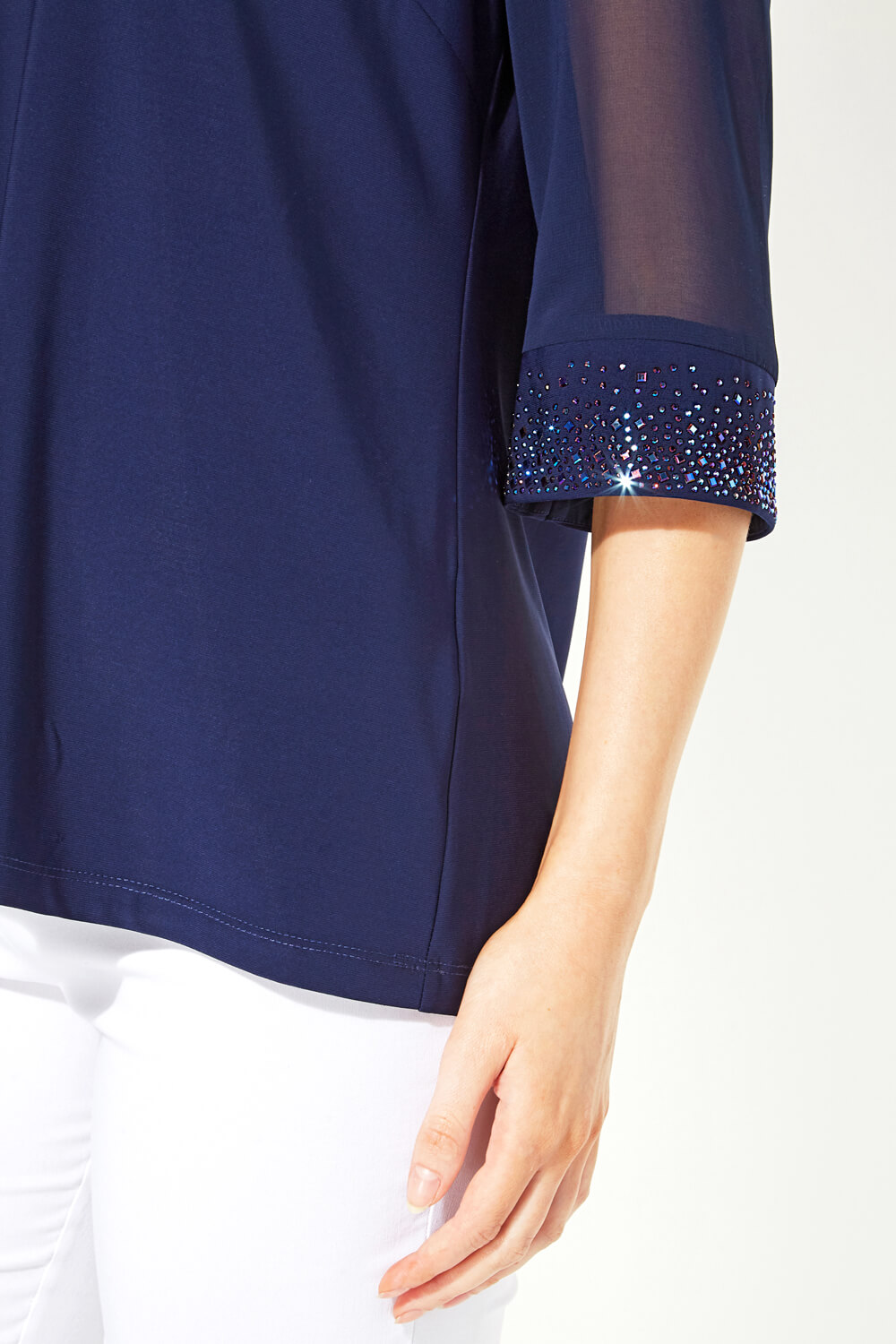Navy  Sparkle Embellished Cuff Chiffon Top, Image 4 of 5