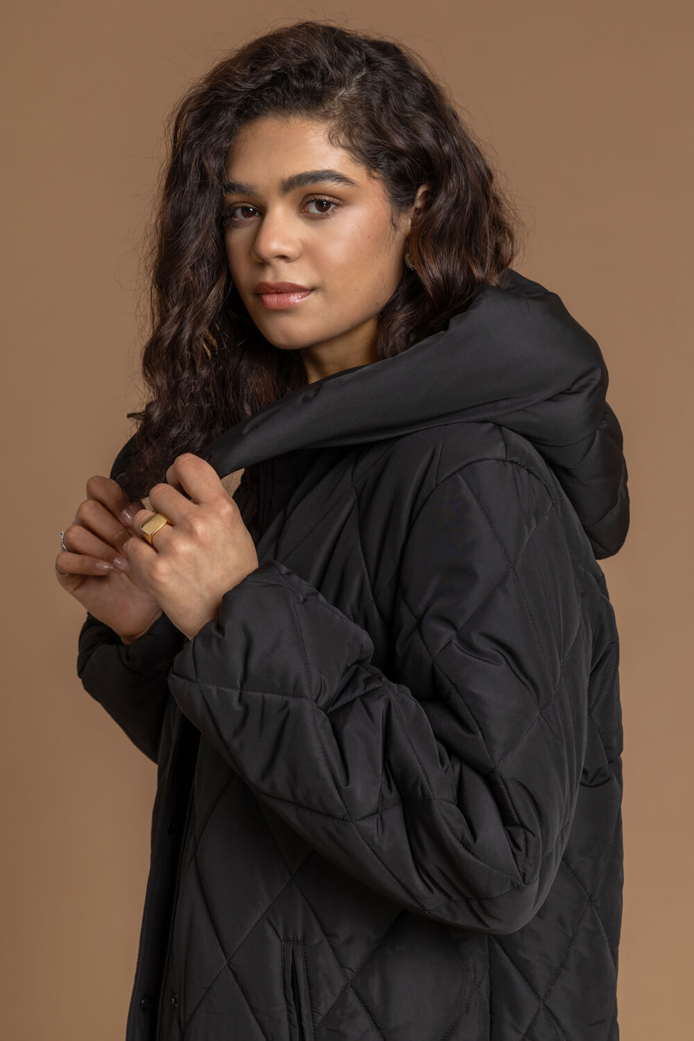 Black Hooded Longline Quilted Coat, Image 4 of 5