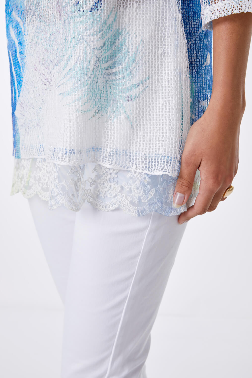 Blue Lace Trim Overlay Tropical Leaf Top, Image 5 of 5