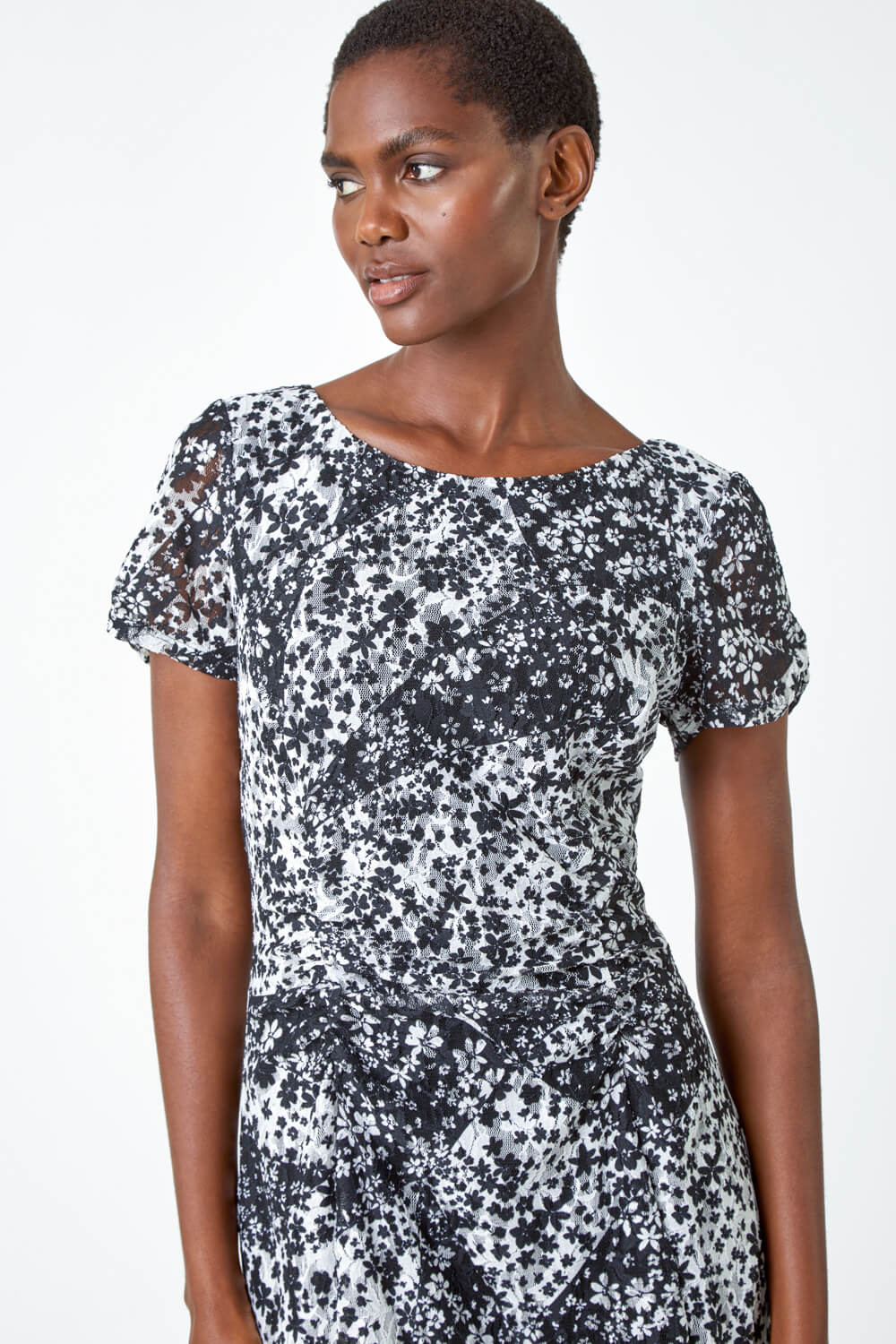 Black Floral Print Lace Stretch Ruched Dress, Image 4 of 5