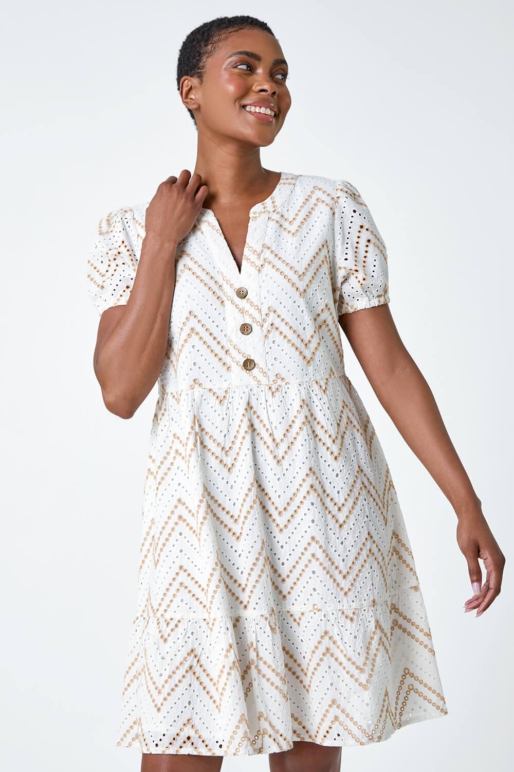 Cream  Zig-Zag Embroidered Cotton Tunic Dress, Image 4 of 5