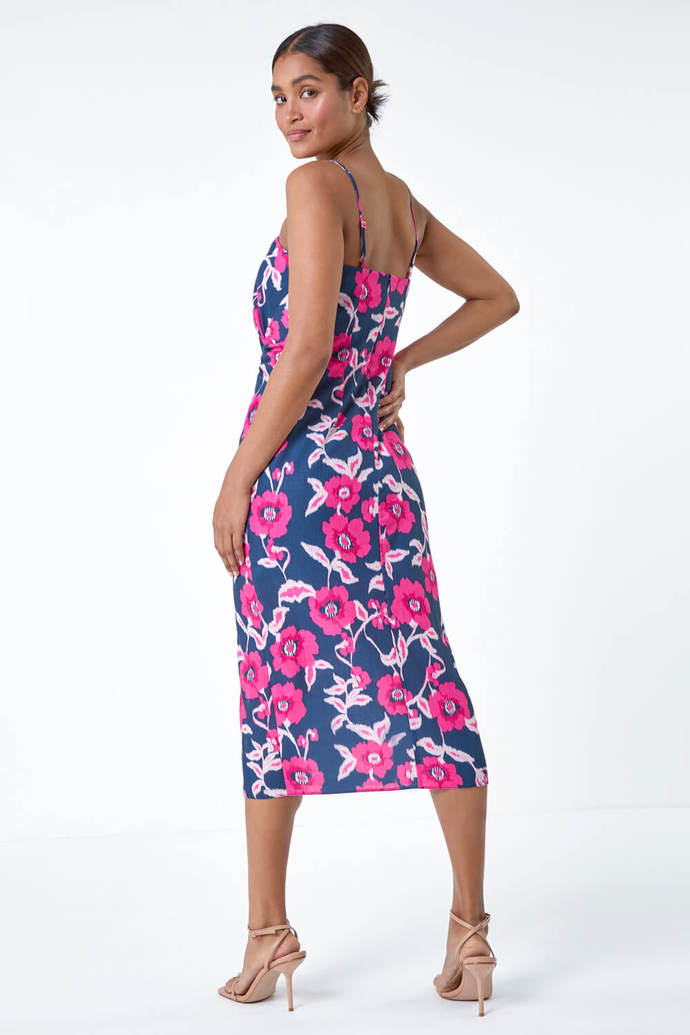 PINK Floral Linen Look Ruched Midi Dress, Image 3 of 5
