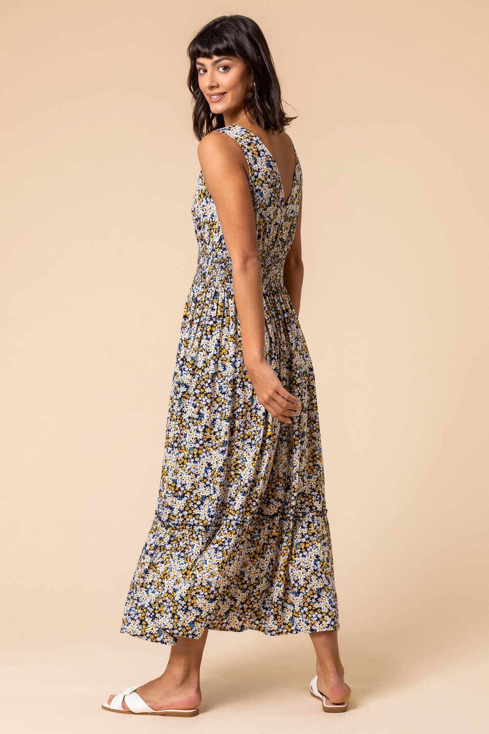 Multi  Ditsy Floral Shirred Waist Midi Dress, Image 2 of 5