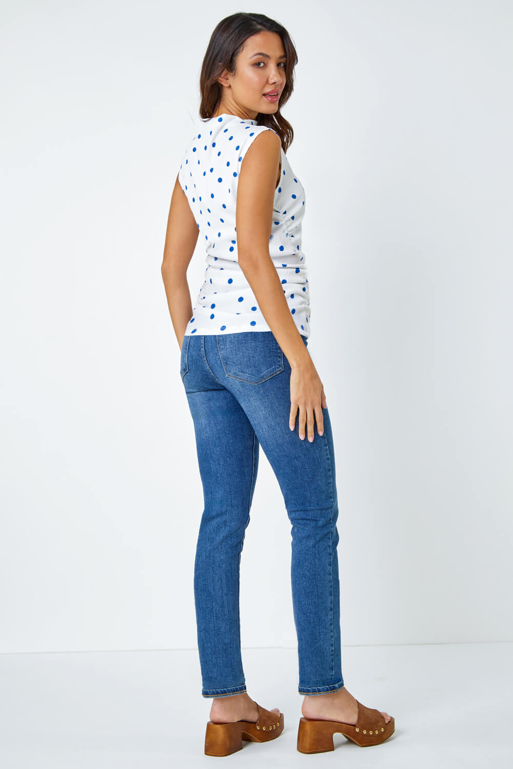 Blue Polka Dot Ruched Stretch Top, Image 3 of 5