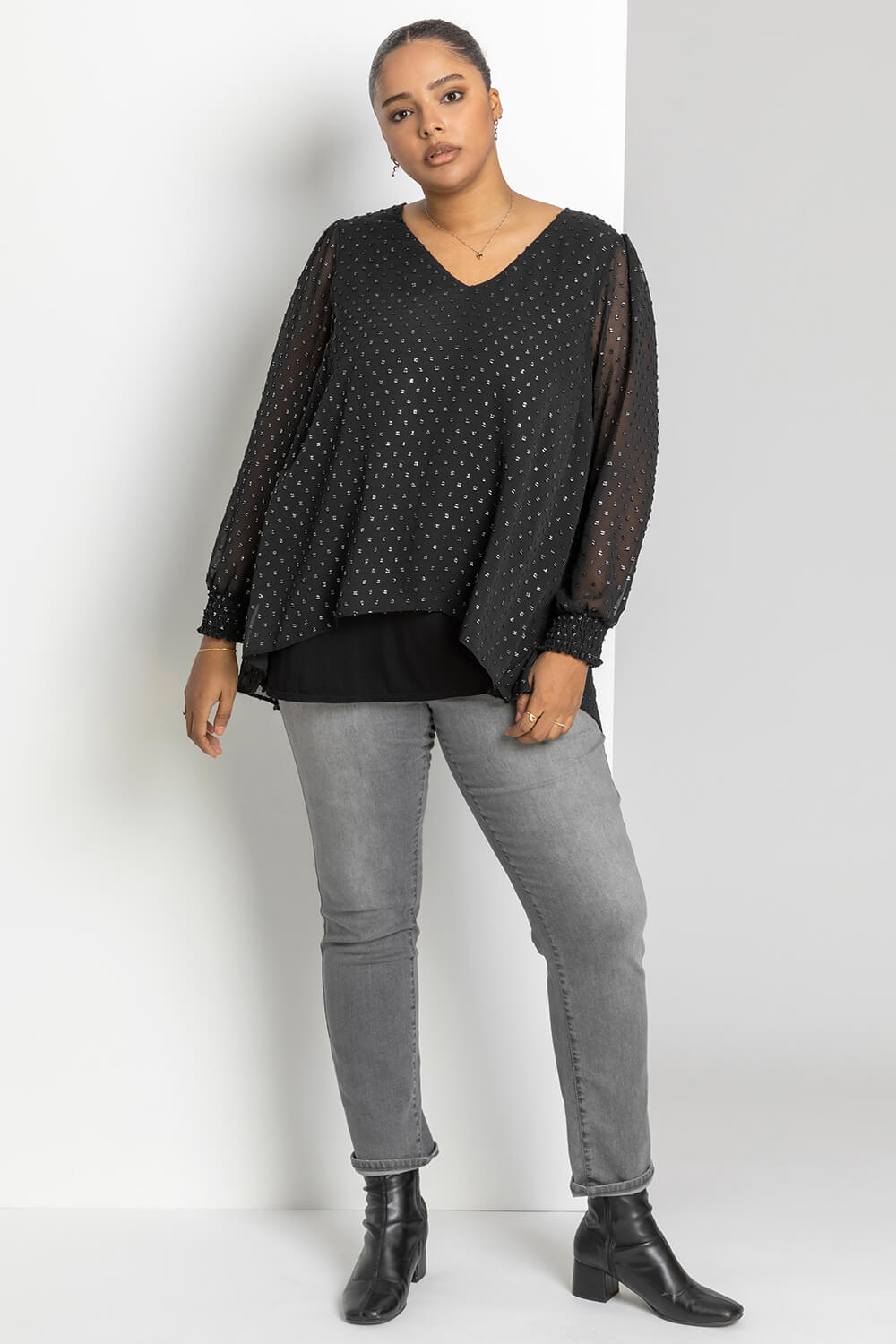 Silver Curve Metallic Textured Spot Blouse, Image 3 of 4