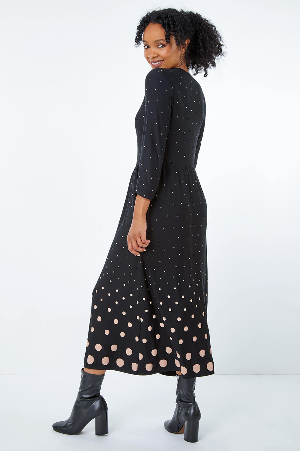 Black Petite Spot Stretch Midi Dress, Image 3 of 5