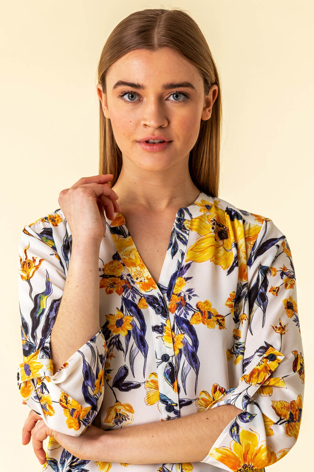 Yellow Floral Button Through Tunic Blouse, Image 4 of 4