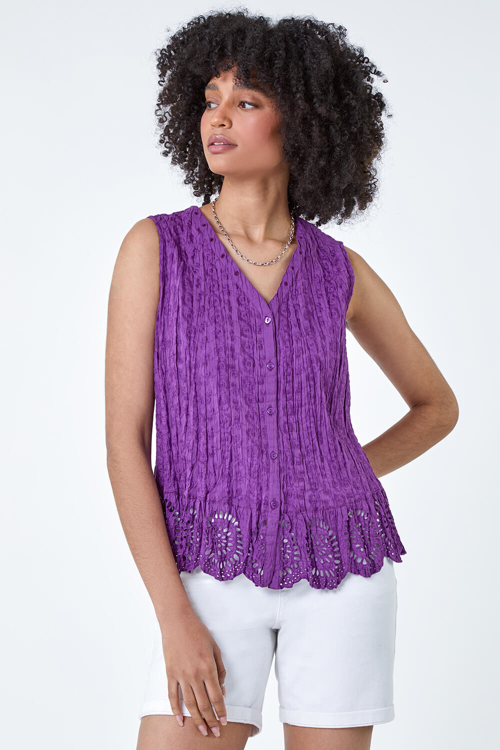 Purple Cotton Embroidered Crinkle Blouse, Image 4 of 5