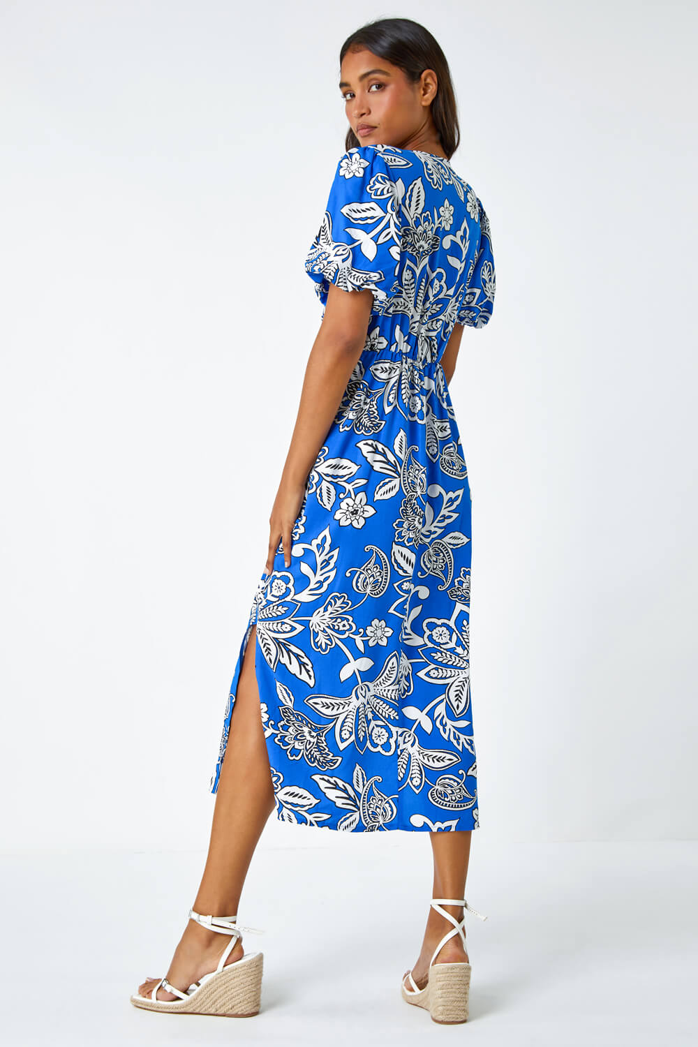 Royal Blue Bold Floral Stretch Midi Dress, Image 3 of 5
