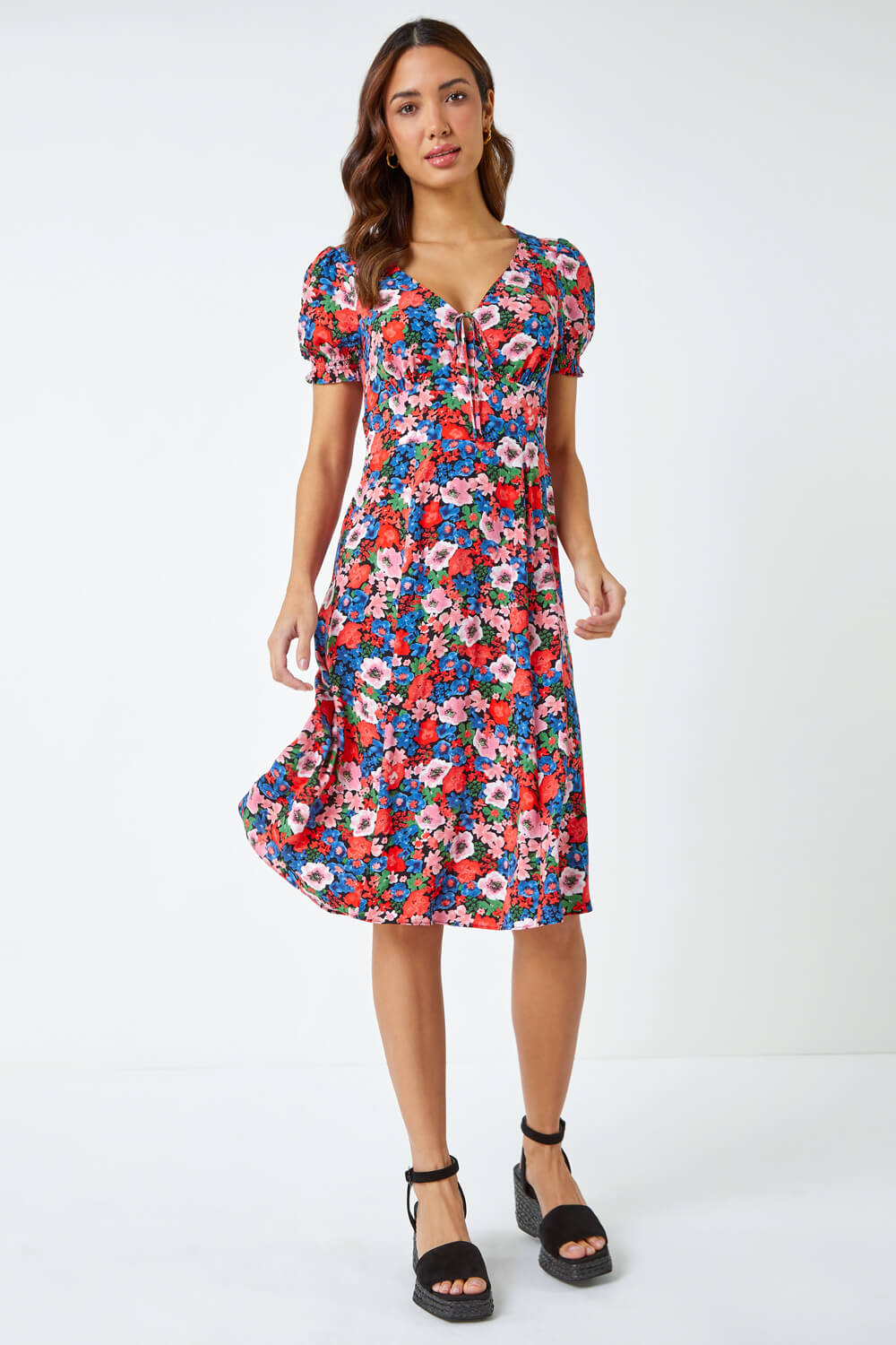 Red Frill Sleeve Floral Tea Dress, Image 2 of 5