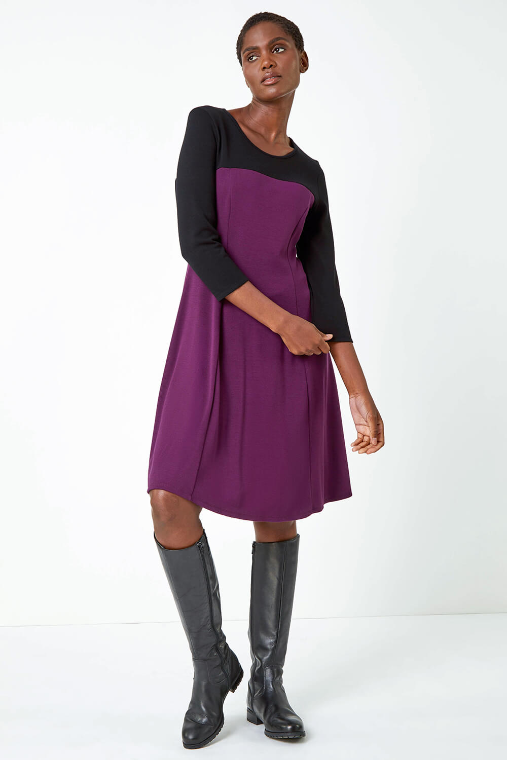 Purple Colour Block Skater Stretch Dress, Image 2 of 5