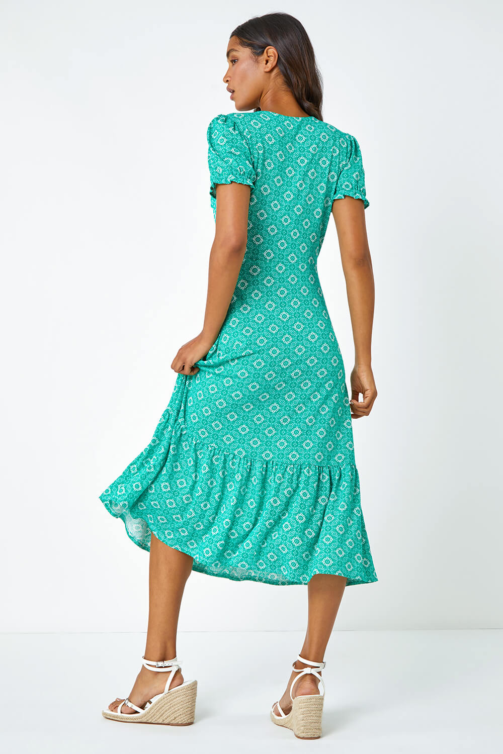 Green Geo Print Stretch Wrap Midi Dress, Image 3 of 5