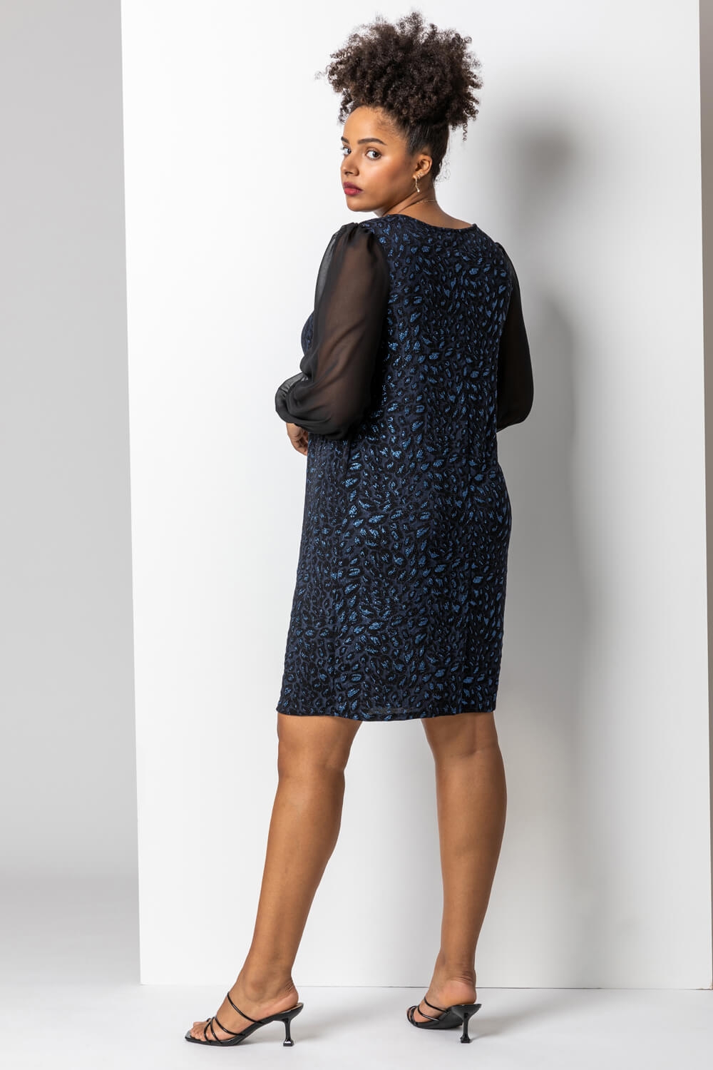 Blue Curve Glitter Leopard Print Mesh Sleeve Dress, Image 3 of 4