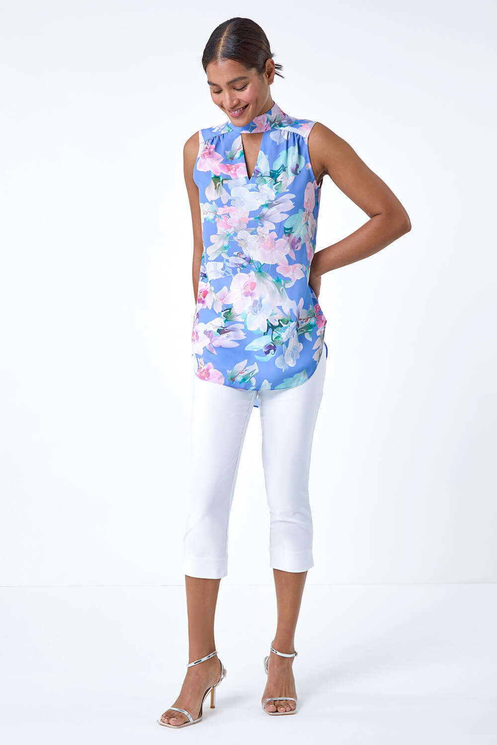 Light Blue  Floral Print High Neck Sleeveless Top, Image 4 of 5