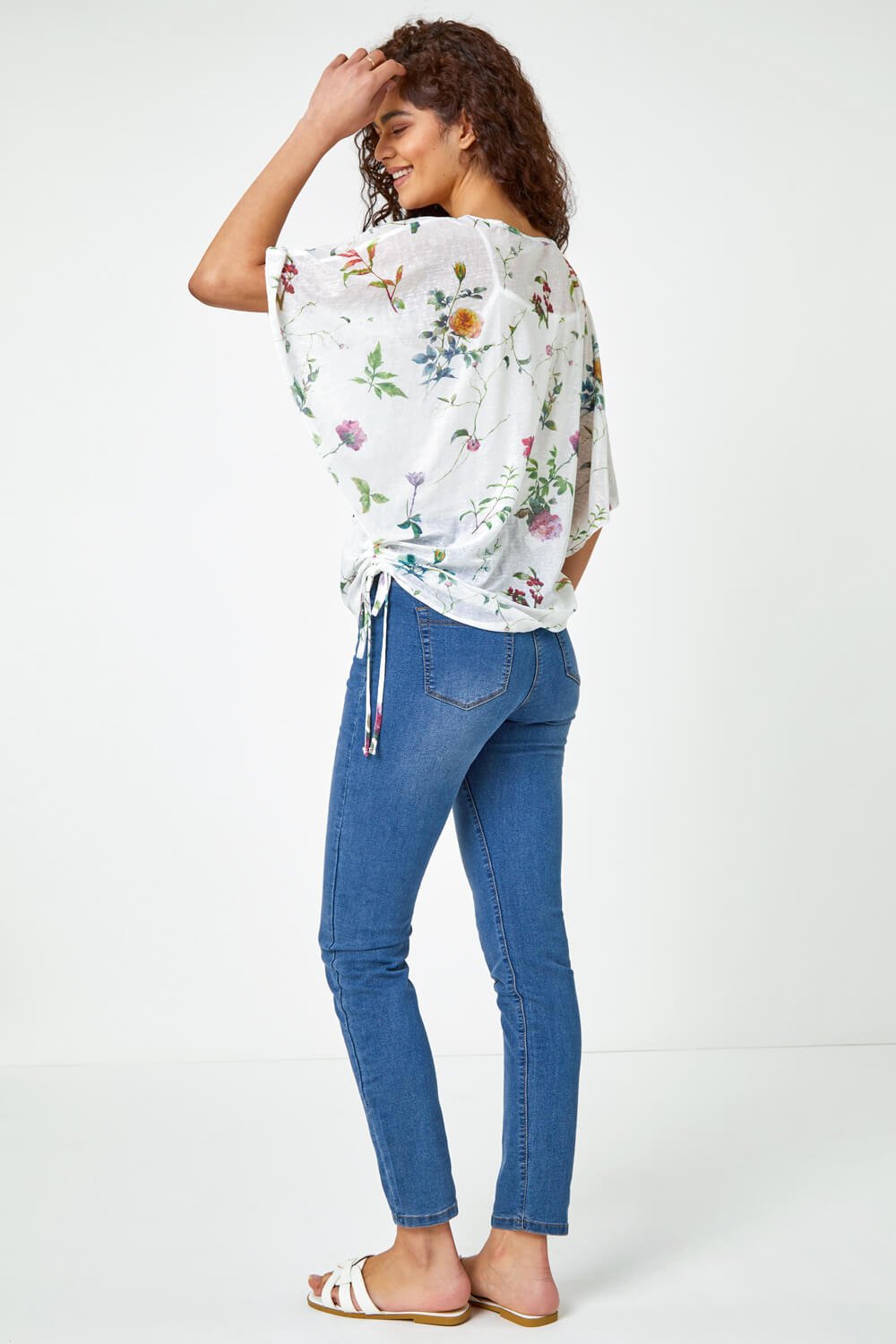 Ivory  Floral Print Ruched Batwing Top, Image 3 of 5