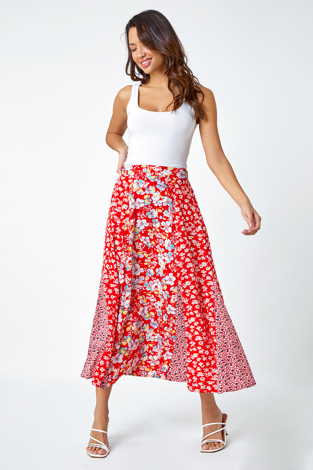 Red Ditsy Floral Print Midi Skirt, Image 2 of 5